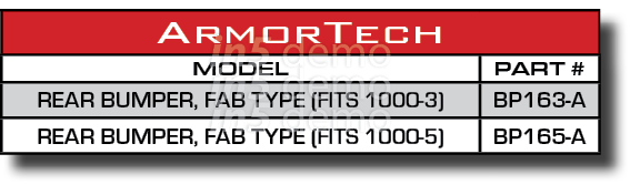 ArmorTech,MODEL,PART #,REAR BUMPER, FAB TYPE (FITS 1000-3),BP163-A,REAR BUMPER, FAB TYPE (FITS 1000-5),BP165-A
