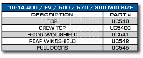 '10-14 400 / EV / 500 / 570 / 800 MID SIZE,DESCRIPTION,PART #,TOP,UC540,CREW TOP,UC540C,FRONT WINDSHIELD,UC541,REAR W...