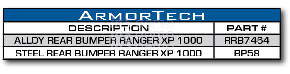 ArmorTech,DESCRIPTION,PART #,ALLOY REAR BUMPER RANGER XP 1000,RRB7464,STEEL REAR BUMPER RANGER XP 1000,BP58