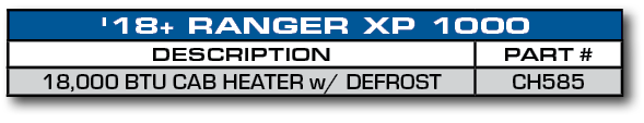 '18+ RANGER XP 1000,DESCRIPTION,PART #,18,000 BTU CAB HEATER w/ DEFROST,CH585