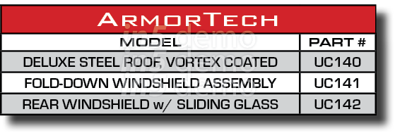 ArmorTech,MODEL,PART #,DELUXE STEEL ROOF, VORTEX COATED,UC140,FOLD-DOWN WINDSHIELD ASSEMBLY,UC141,REAR WINDSHIELD w/ ...