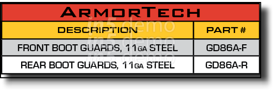 ArmorTech,DESCRIPTION,PART #,FRONT BOOT GUARDS, 11ga STEEL,GD86A-F,REAR BOOT GUARDS, 11ga STEEL,GD86A-R